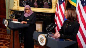 Tanzania President Samia Hassan delivers speech with US Vice President Kamala Harris when the latter visited the US in April 2021. Photo/CFR