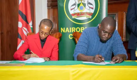 Alice Munyua, Senior Director Mozilla Africa Mradi and Johnson Sakaja, Nairobi City County Governor during the MoU signing for their partnership to support tech-startups in Nairobi County.