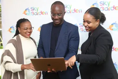 (L to R) Juliet Wanjiru, Head of E-commerce Sky.Garden, Eric Muli, Group CEO Lipa Later Group, and Claudine Gakundi - Country Manager Kenya Lipa Later during the relaunch of Sky.Garden with a new diversified range of products and services including, Sky.Tickets, Sky. Logistics, Sky. Commerce, and Sky.Wallet.