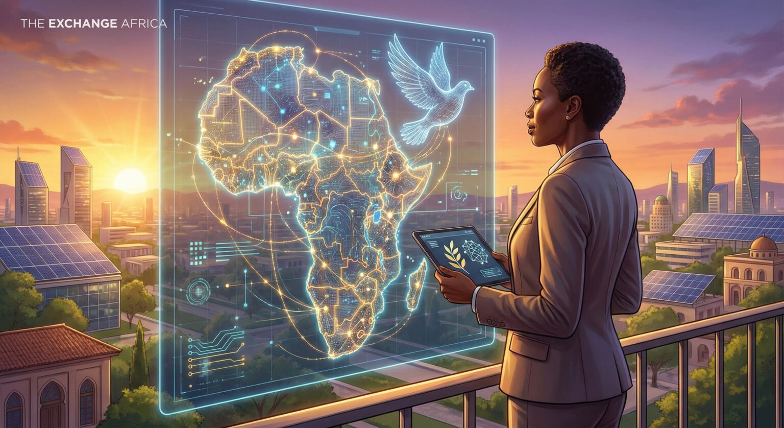 African policymaker standing before a glowing digital map of Africa symbolizing artificial intelligence, peace, and governance — representing Africa’s strategic approach to AI for stability and innovation. (https://theexchange.africa)