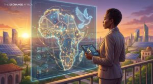 African policymaker standing before a glowing digital map of Africa symbolizing artificial intelligence, peace, and governance — representing Africa’s strategic approach to AI for stability and innovation. (https://theexchange.africa)