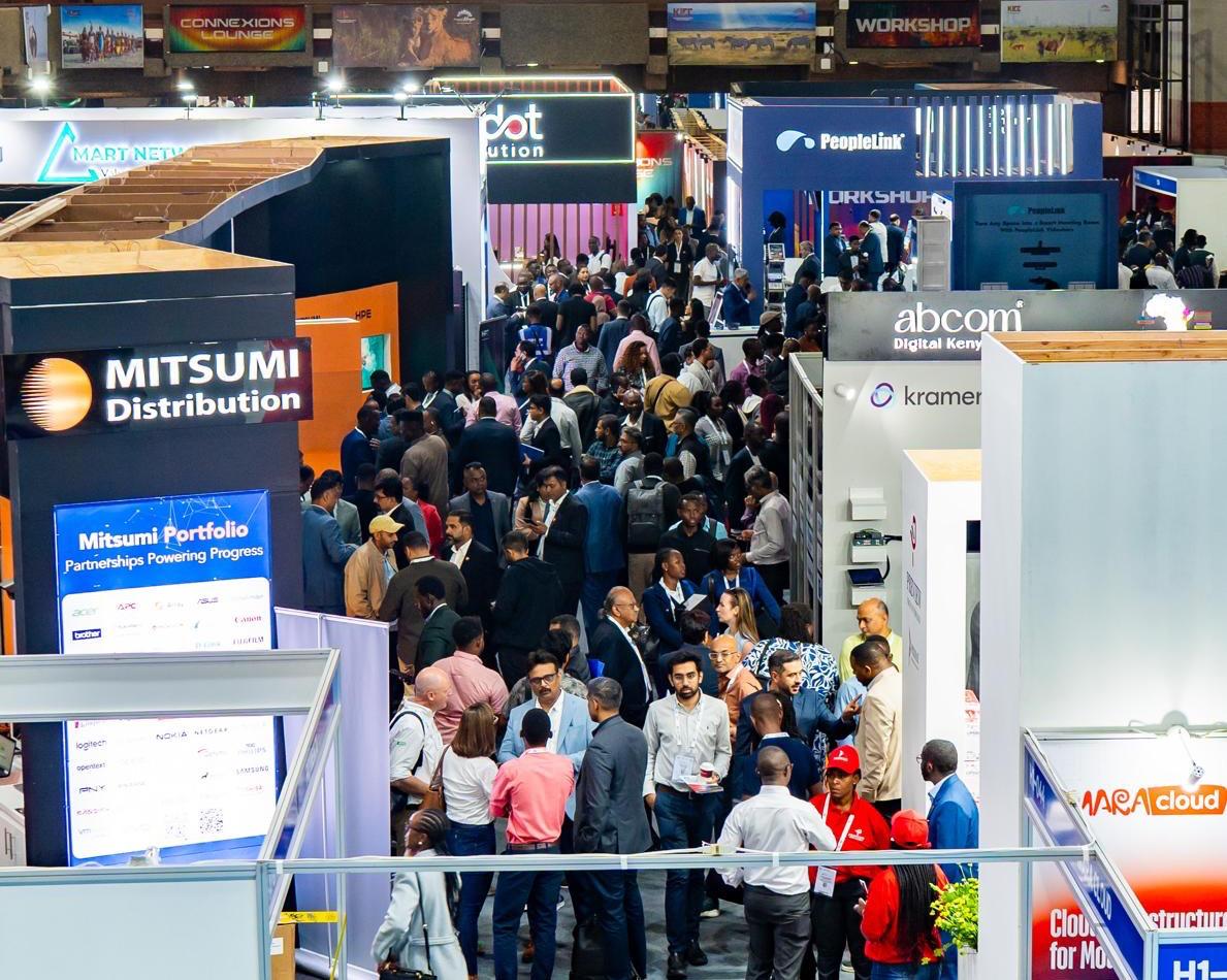 Delegates and exhibitors networking inside the AI EVERYTHING KENYA X GITEX KENYA exhibition floor in Nairobi, showcasing artificial intelligence, cloud infrastructure, and emerging technologies from across Africa and the world.